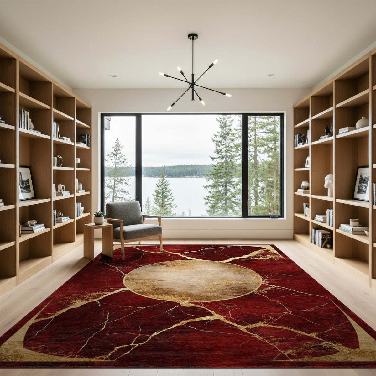 Red Marble Gold Medallion Area Rug