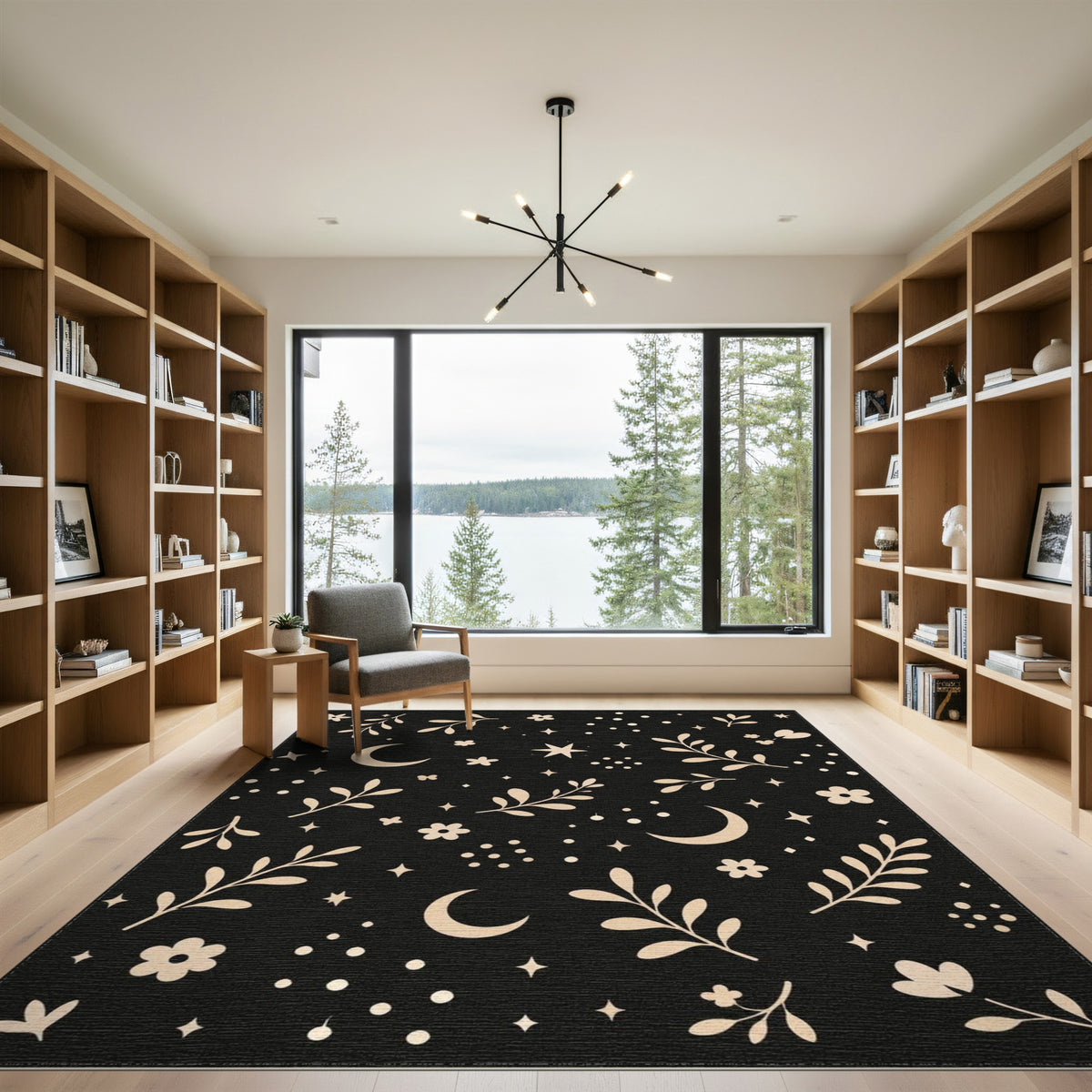 Boho Chic Celestial Floral Black Area Rug