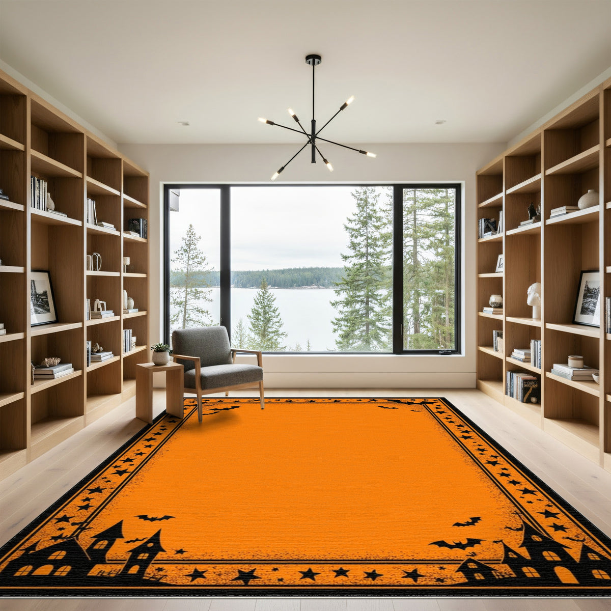 Orange Halloween Area Rug with Bats and Haunted Houses