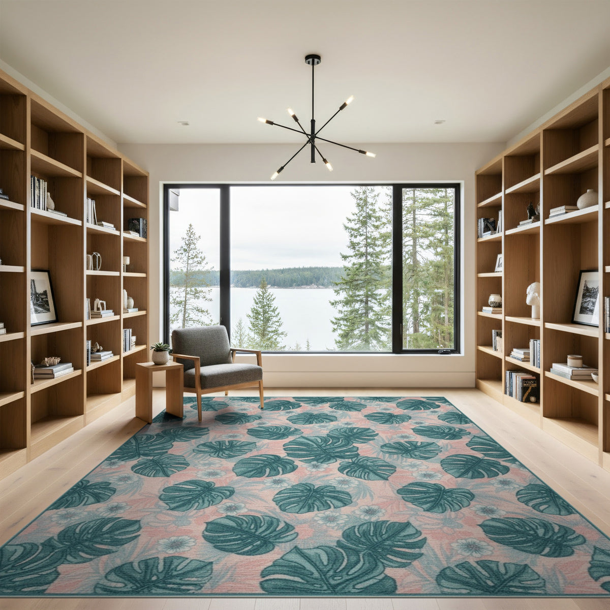 Pink Teal Monstera Washable Area Rug