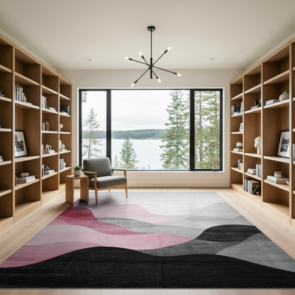 Abstract Pink Black Wave Area Rug