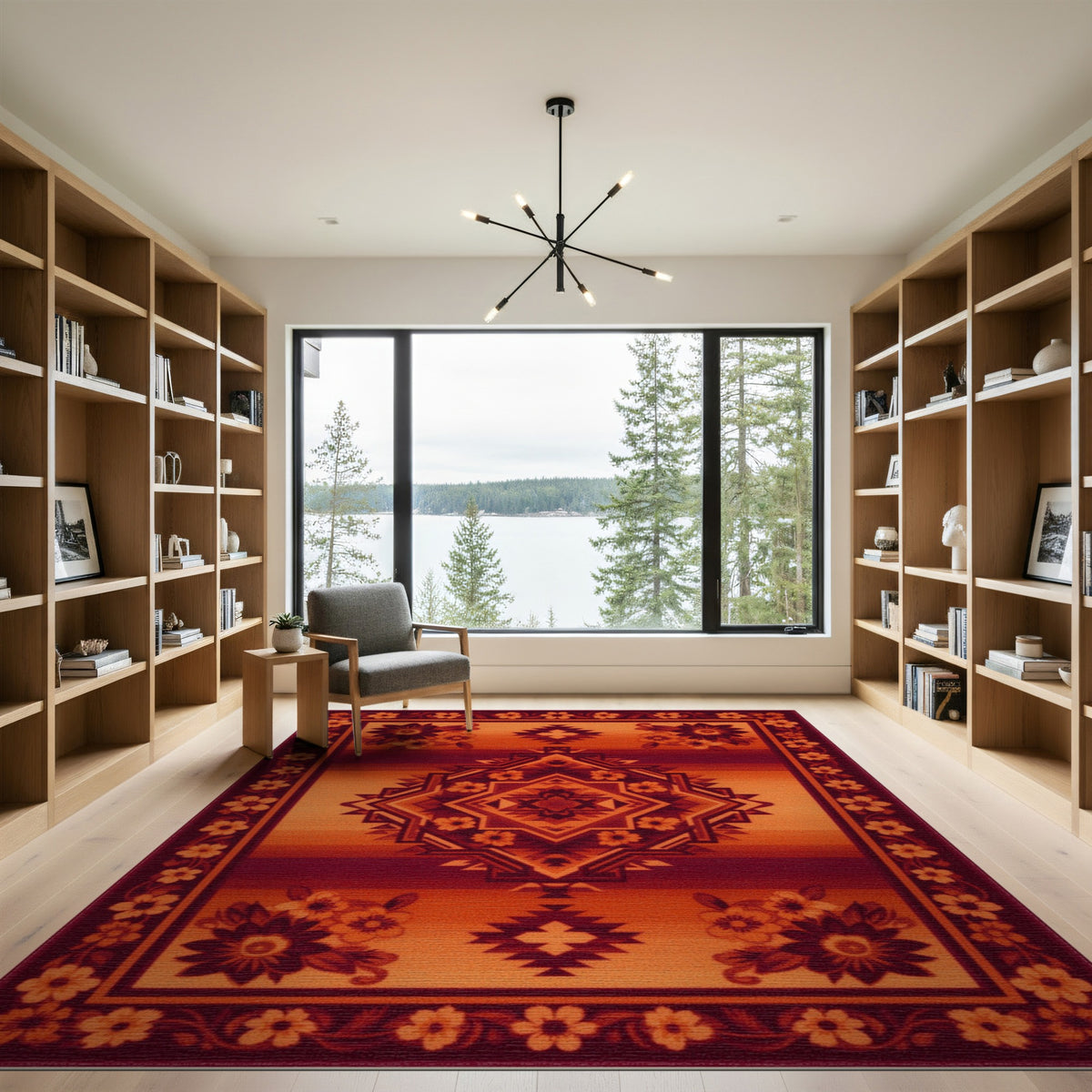 Southwestern Red Geometric Area Rug with Floral Border