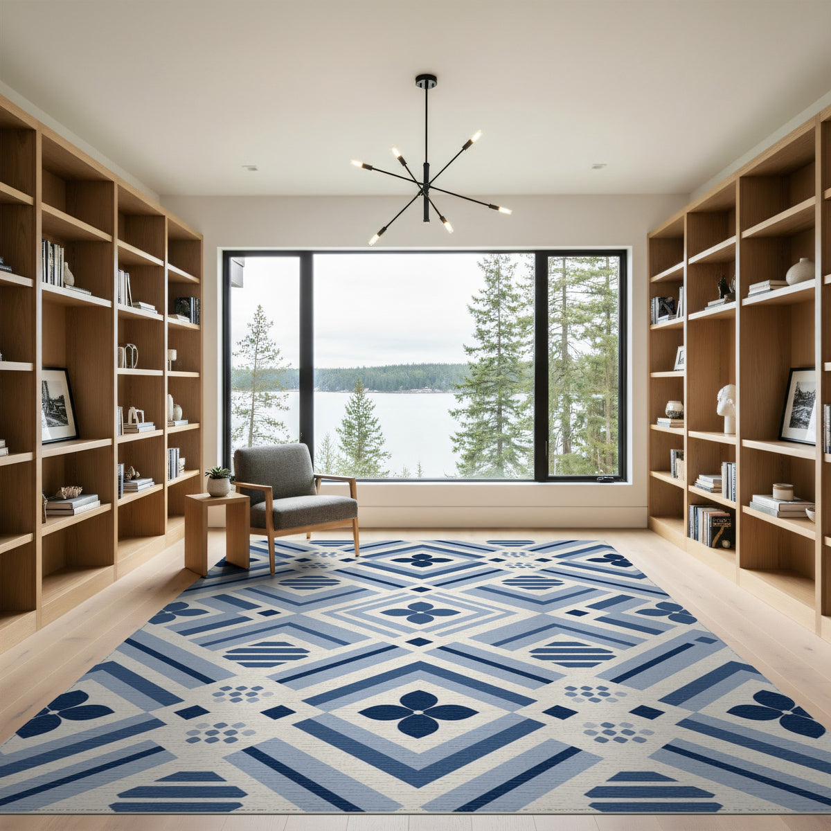 Blue Geometric Floral Washable Area Rug