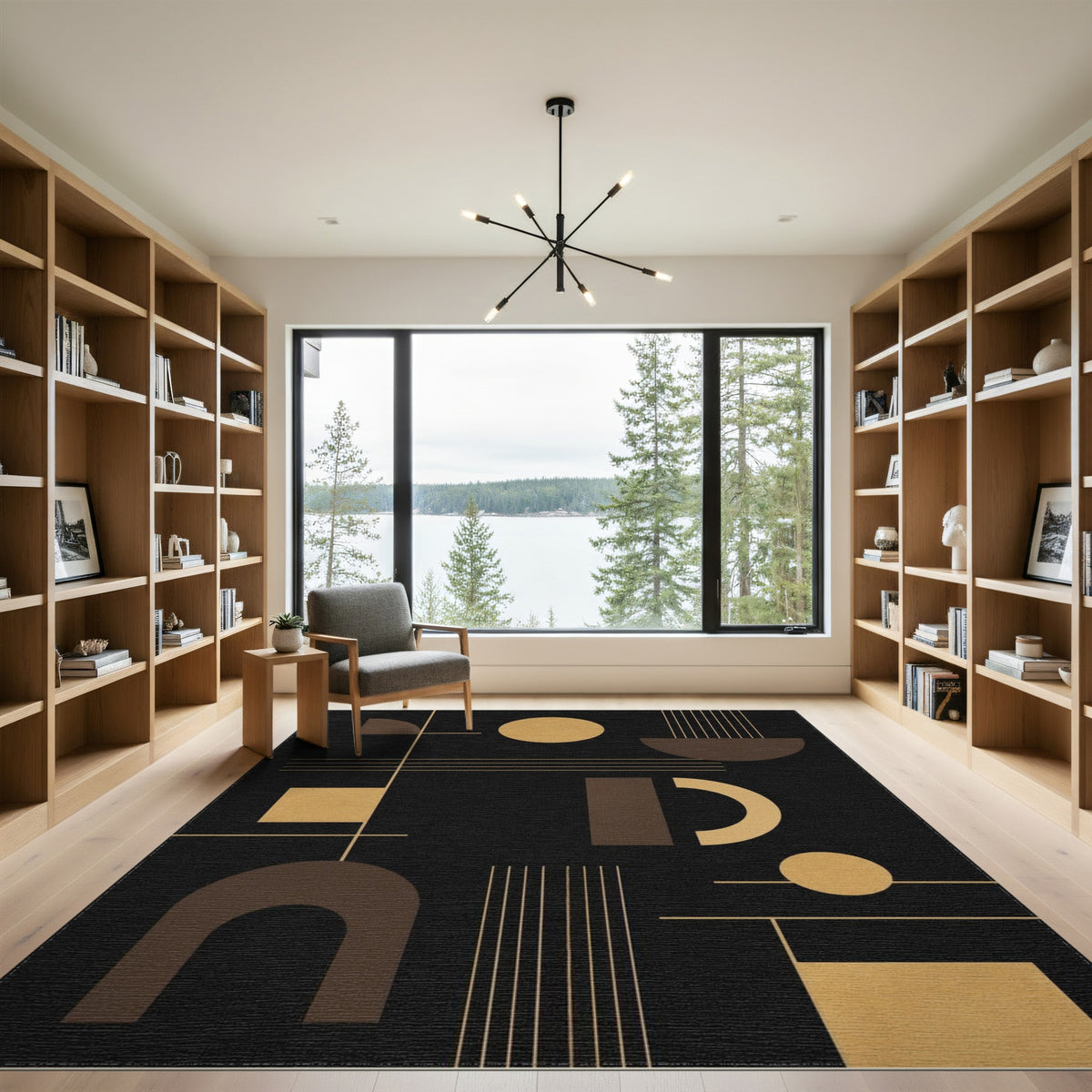 Geometric Modern Black and Gold Geometric Area Rug