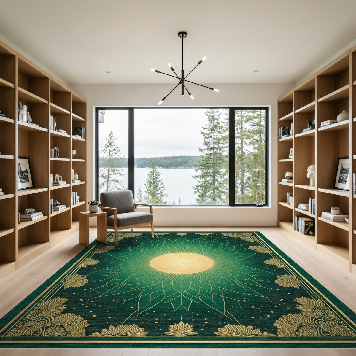 Green Gold Sunburst Leaf Floral Area Rug