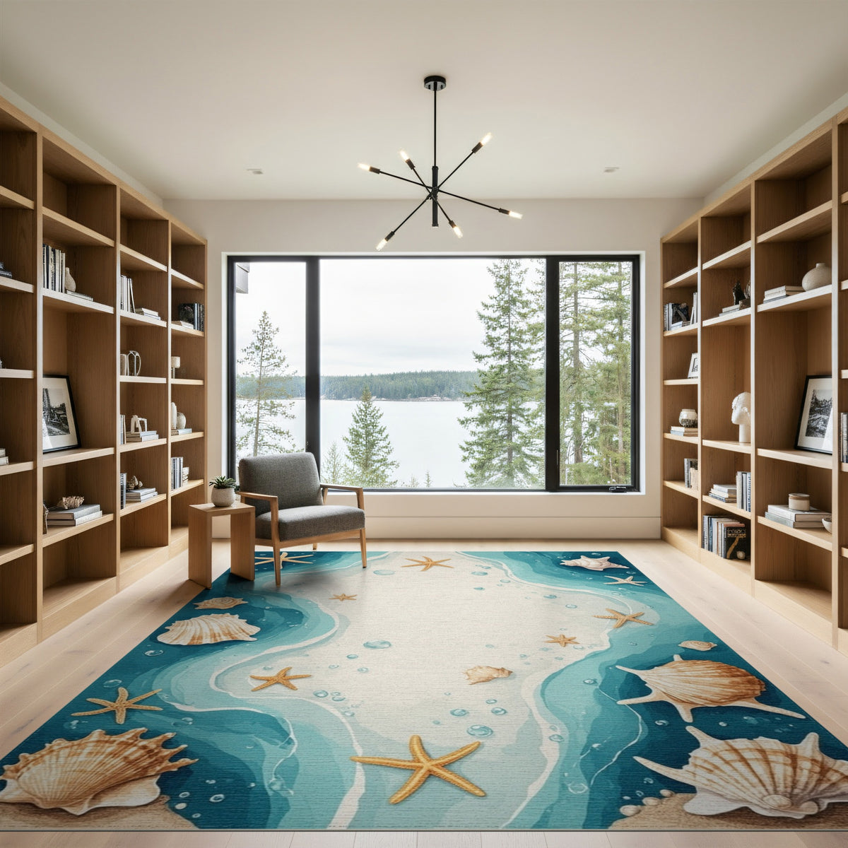 Blue Teal Coastal Seashell Starfish Area Rug