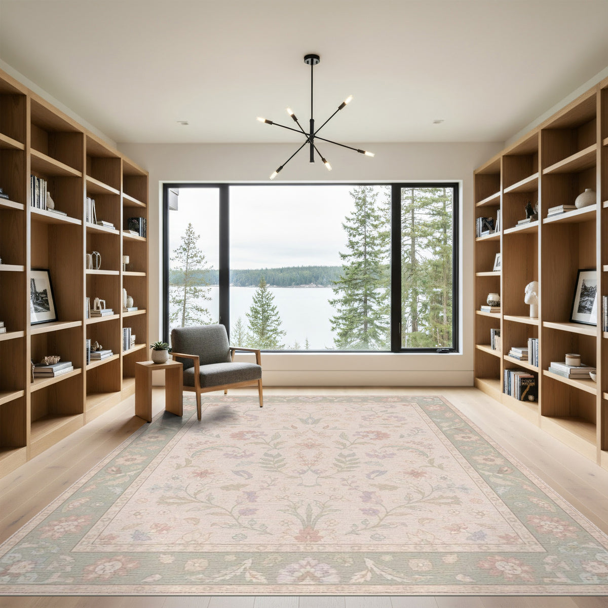 Beige Floral Vintage Area Rug with Sage Border