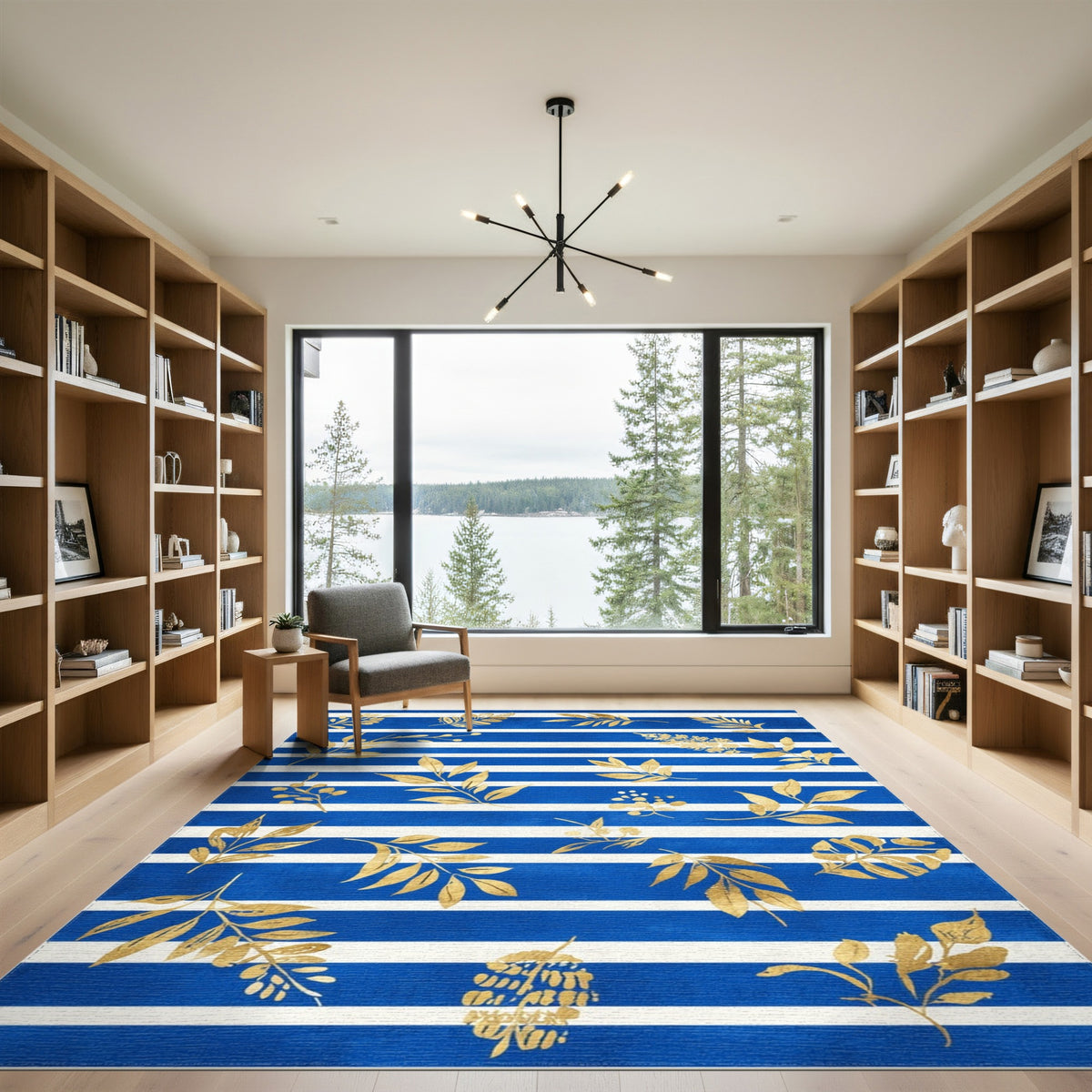 Blue Striped Gold Leaf Washable Area Rug