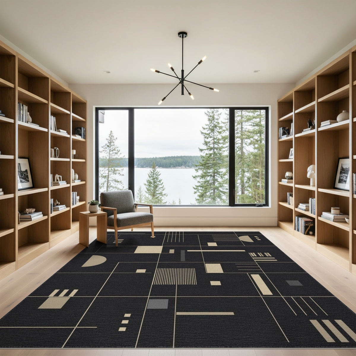 Black and White Modern Geometric Black Area Rug
