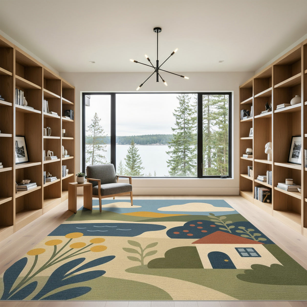 Blue Hillside Cottage Washable Area Rug