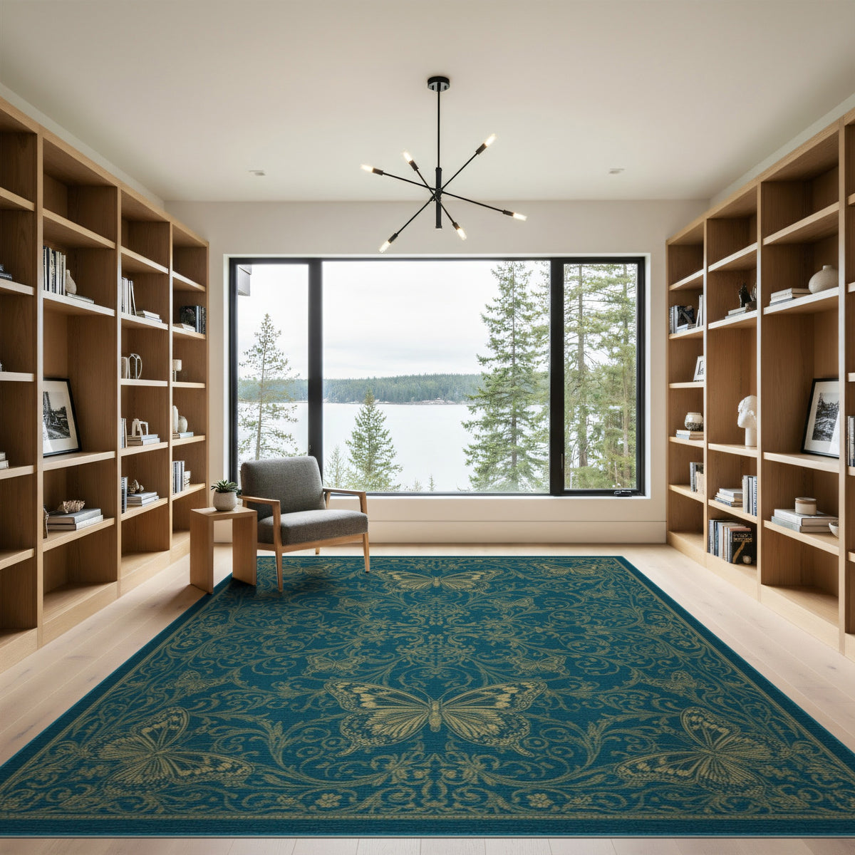 Blue and Teal Gold Butterfly Floral Area Rug