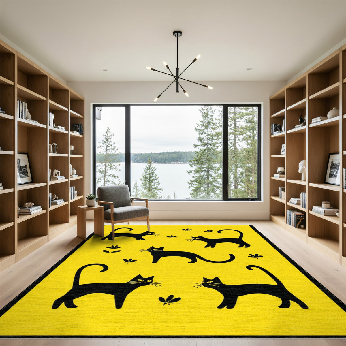 Black Cats and Butterflies Yellow Kids Rug