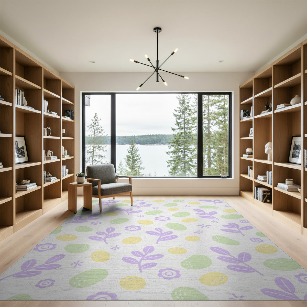 Purple Floral Leaf Washable Area Rug