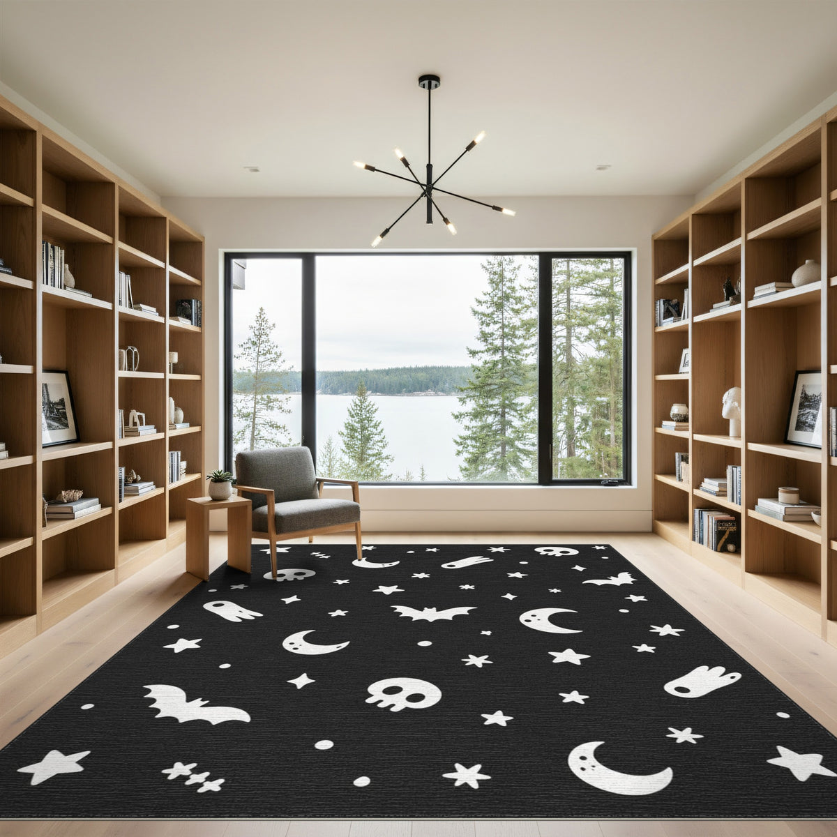 Black White Halloween Bats Skulls Area Rug