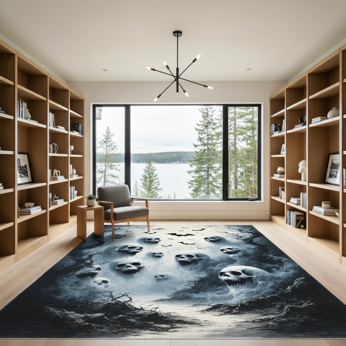 Eerie Skulls and Bats Black White Area Rug