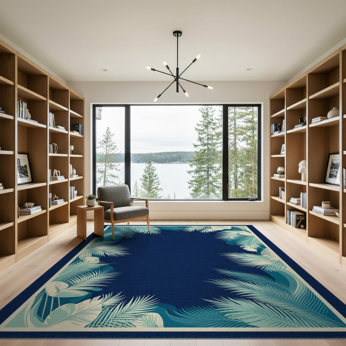 Blue Teal Palm Leaf Coastal Area Rug