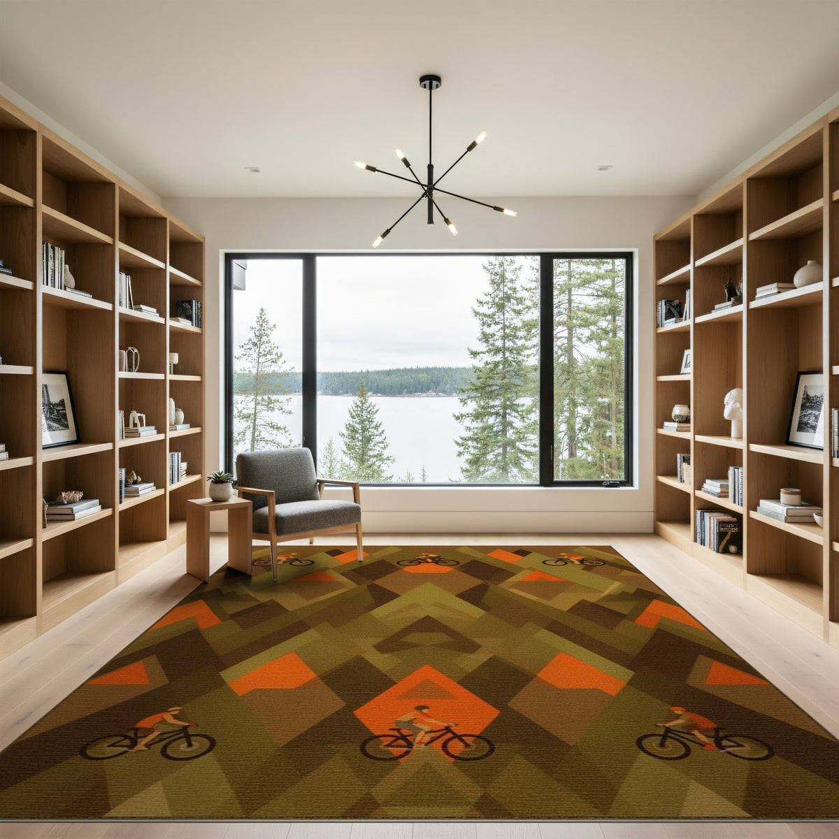 Geometric Mountain Bike Brown Area Rug