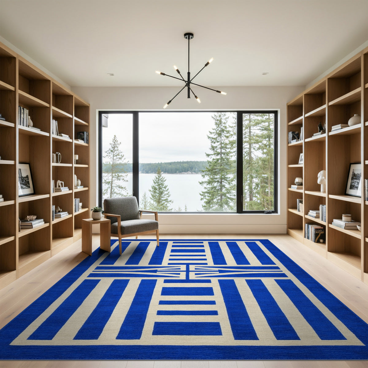 Blue Geometric Area Rug with Ivory Accents