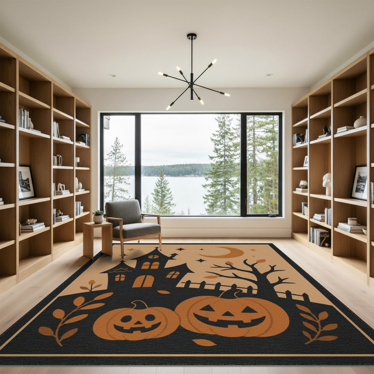 Spooky Haunted House Orange Pumpkins Area Rug