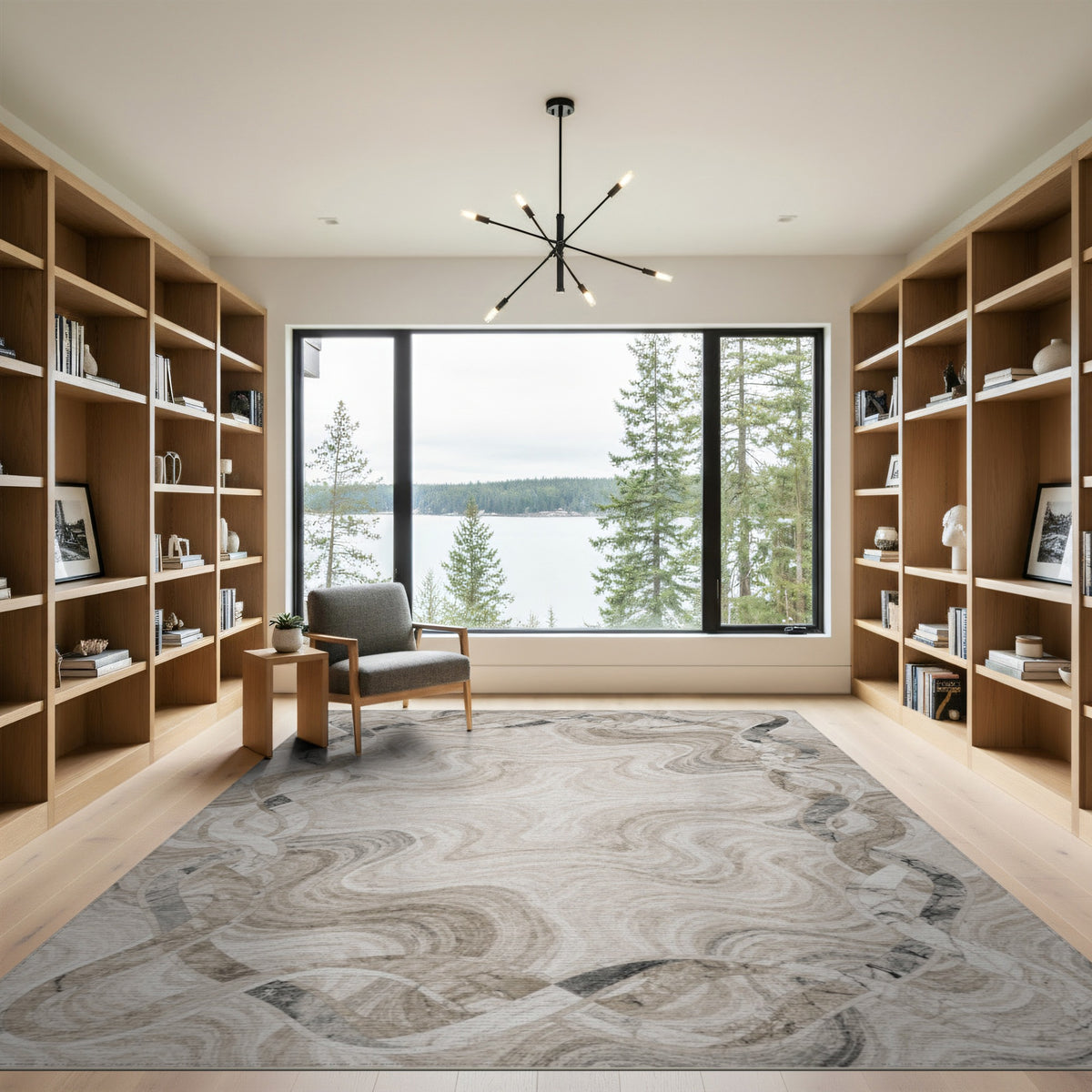 Beige Marble Swirl Wave Border Area Rug