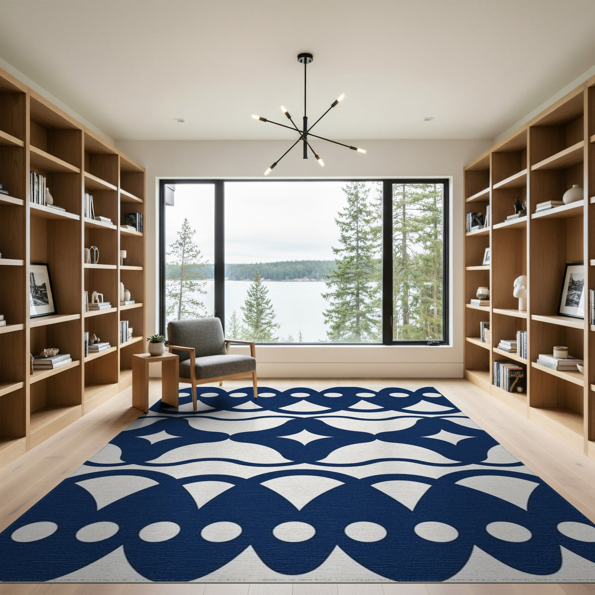 Navy Blue Geometric Scalloped Area Rug