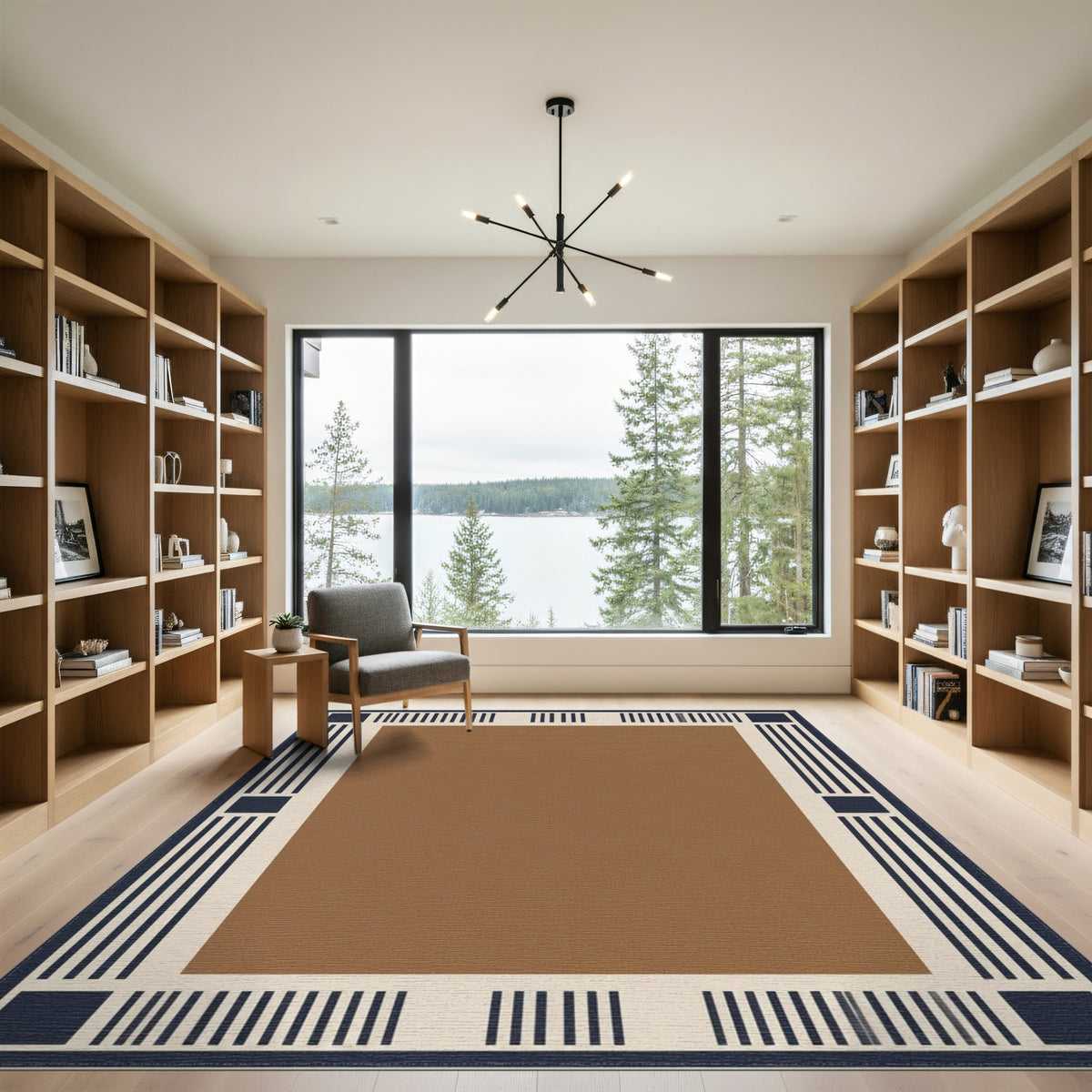Geometric Brown Navy Border Area Rug