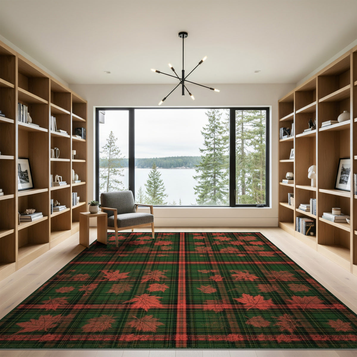 Green Plaid Maple Leaf Washable Area Rug