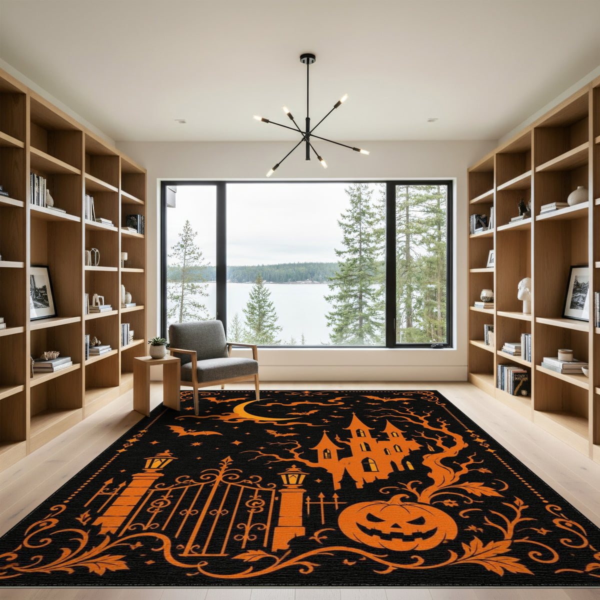 Haunted Castle Halloween Orange Washable Area Rug