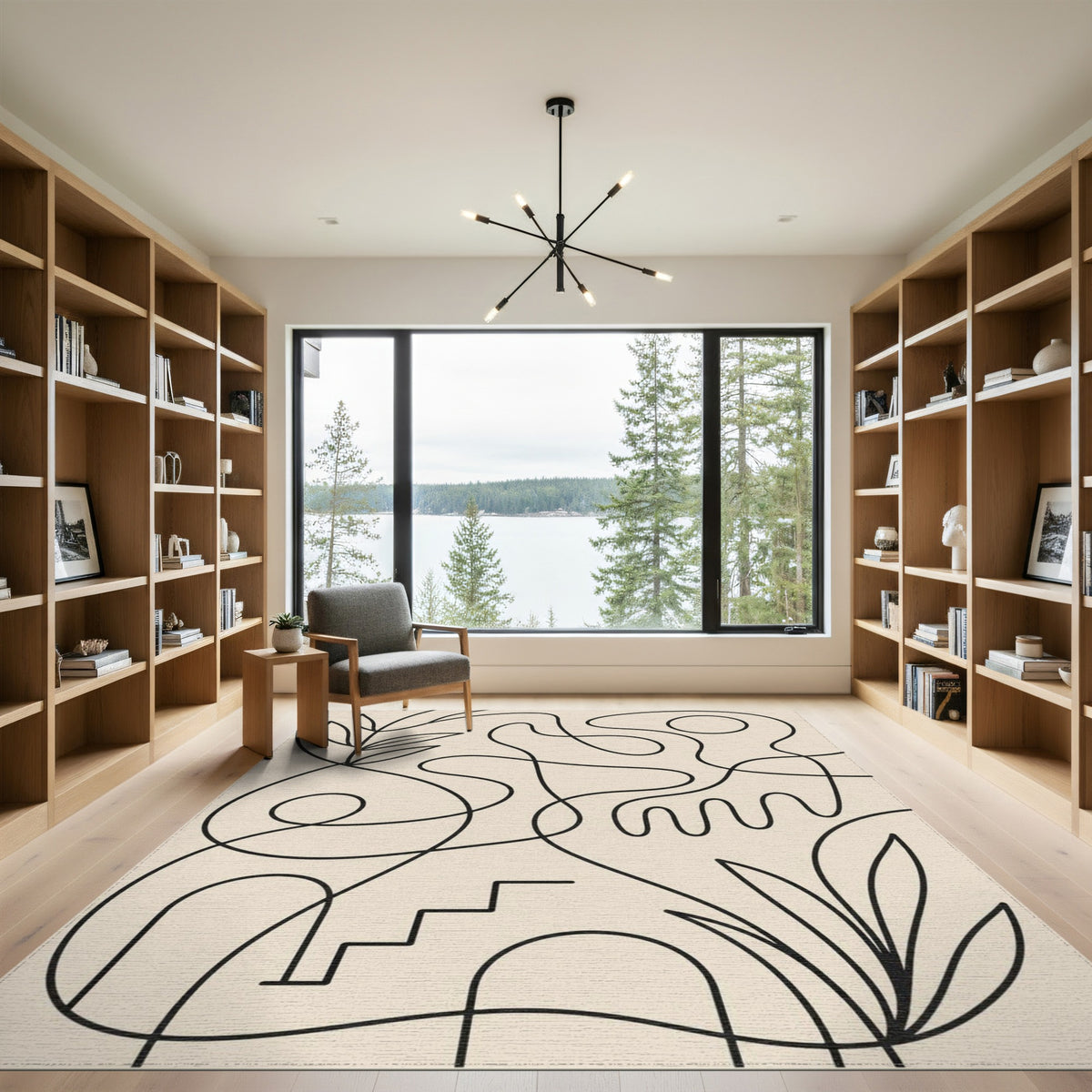 Abstract Area Abstract Line Art Beige Area Rug
