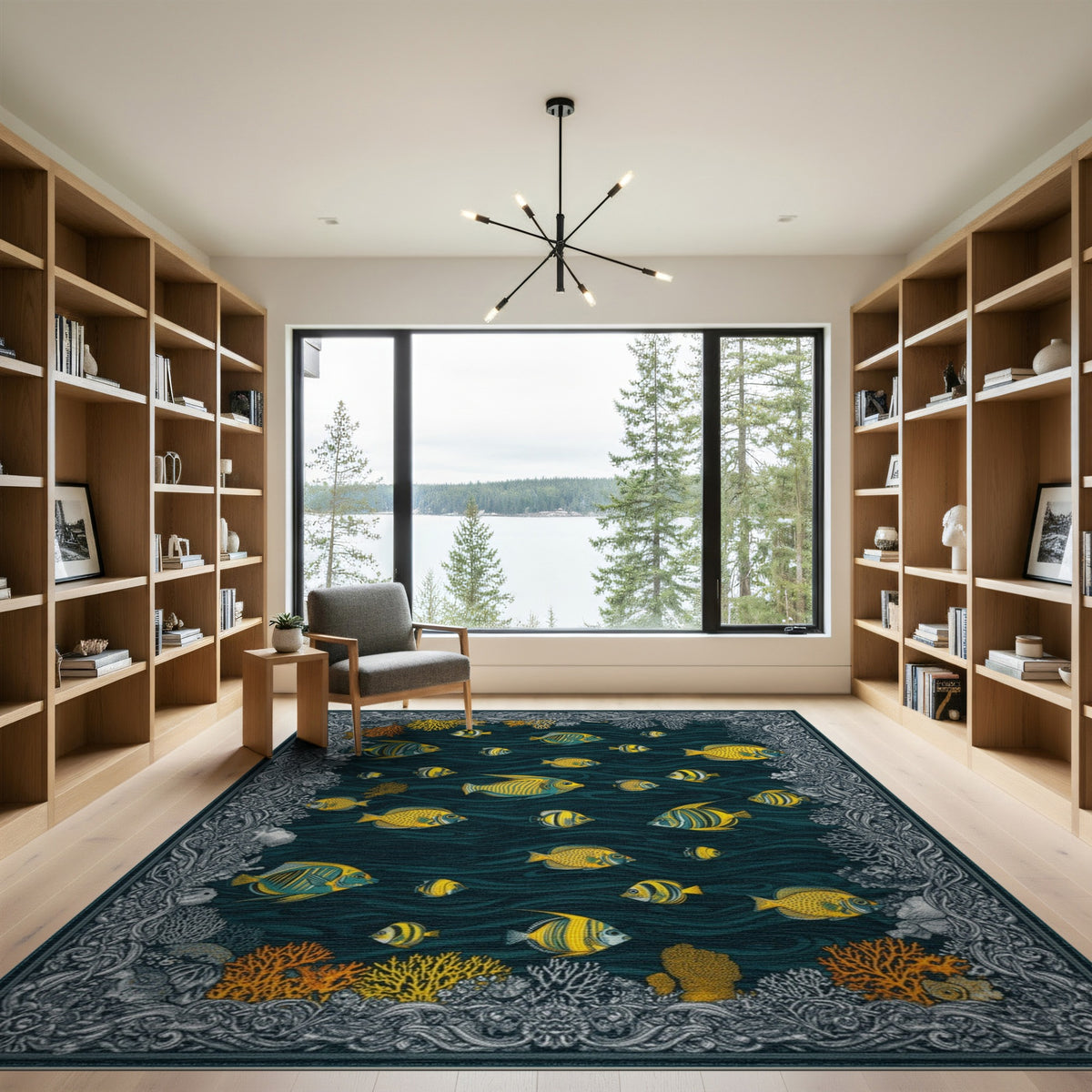 Blue Teal Yellow Fish Coastal Area Rug