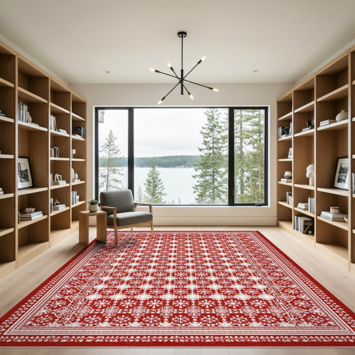 Red Snowflake Geometric Area Rug