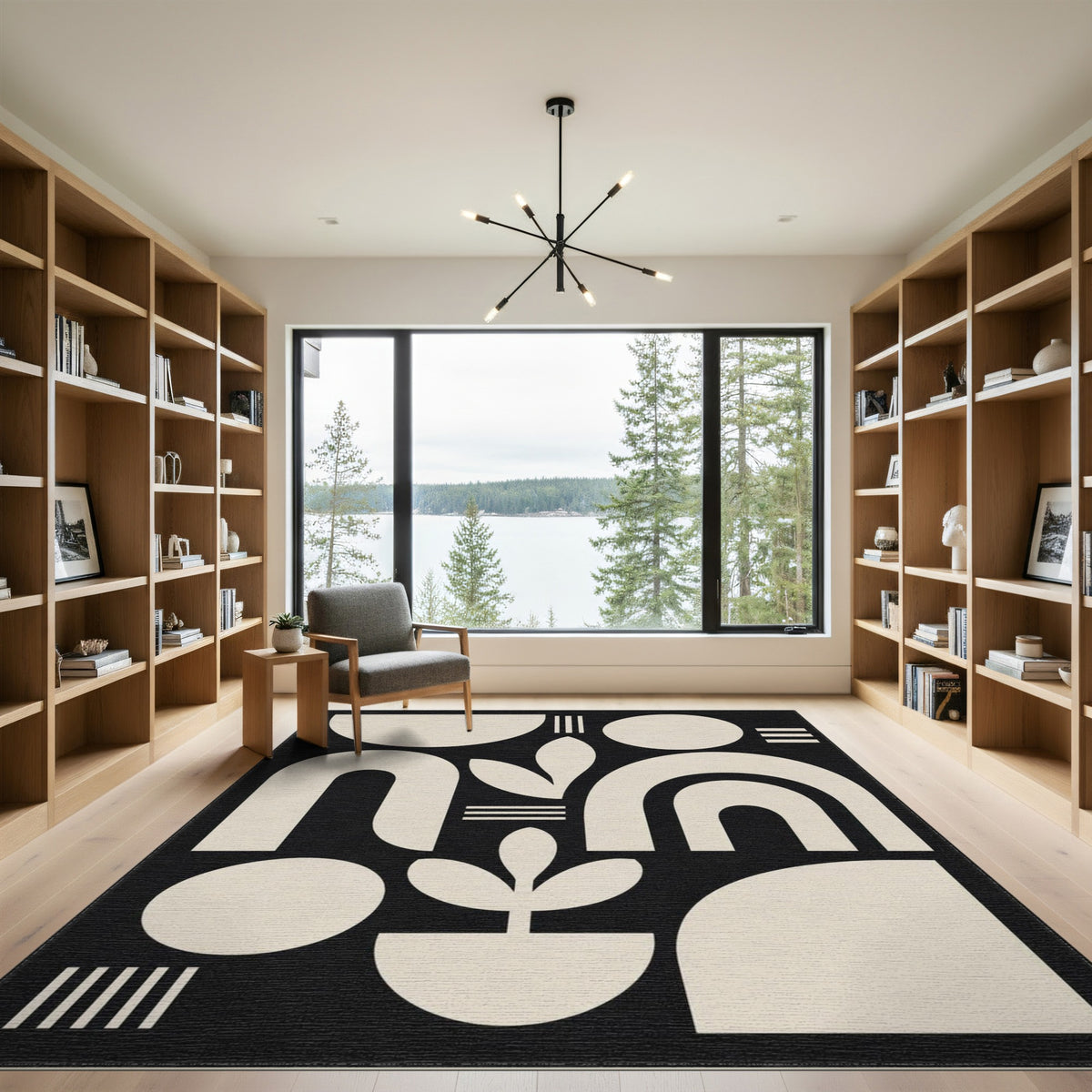 Black White Geometric Botanical Area Rug