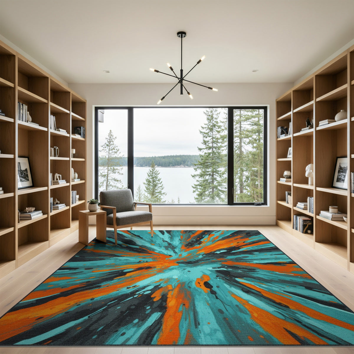 Teal Orange Abstract Burst Area Rug
