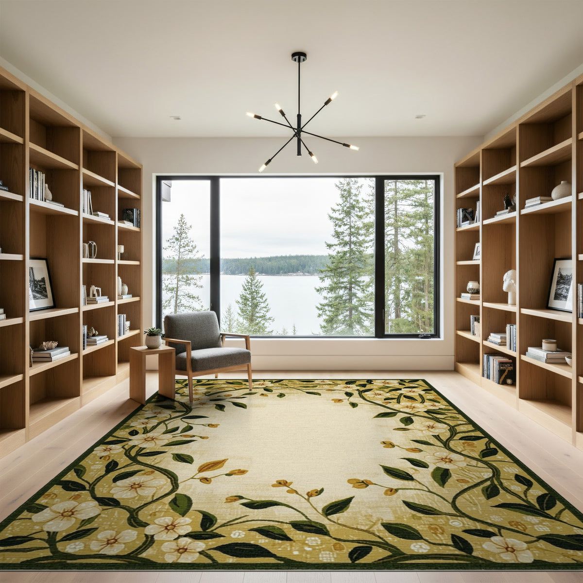 Yellow Floral Vine Border Area Rug