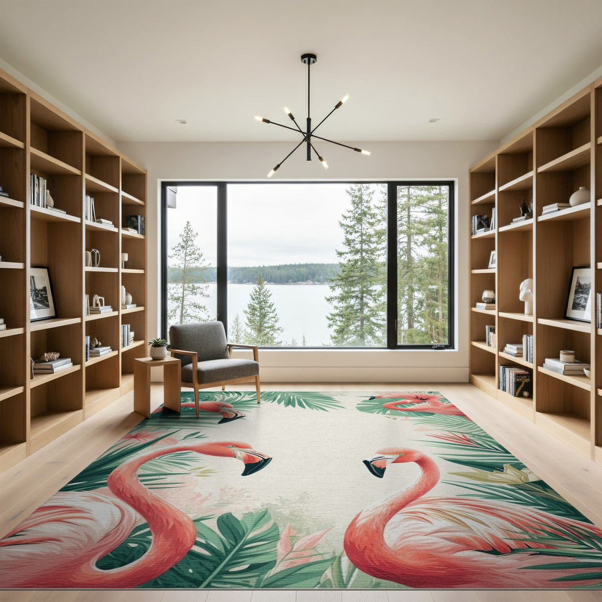 Flamingo Coastal Beach Pink Flamingo Palm Leaf Area Rug