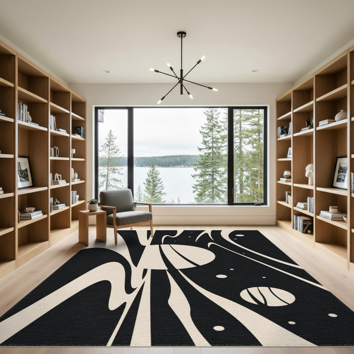 Black White Abstract Flow Area Rug