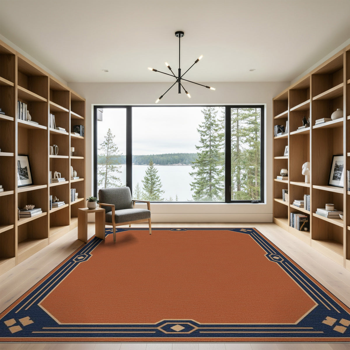 Terracotta Orange Navy Geometric Border Rug