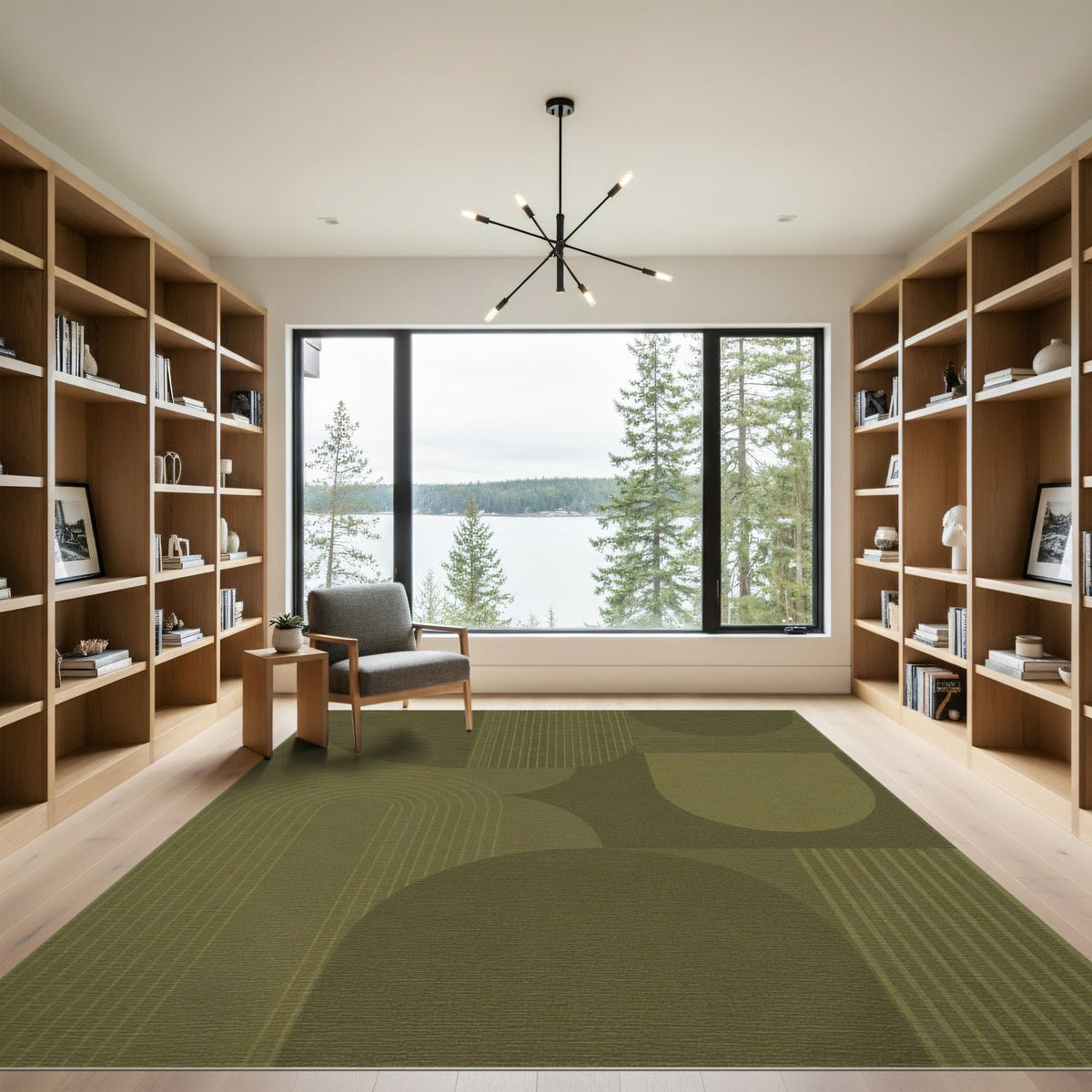 Olive Green Geometric Arcs Area Rug