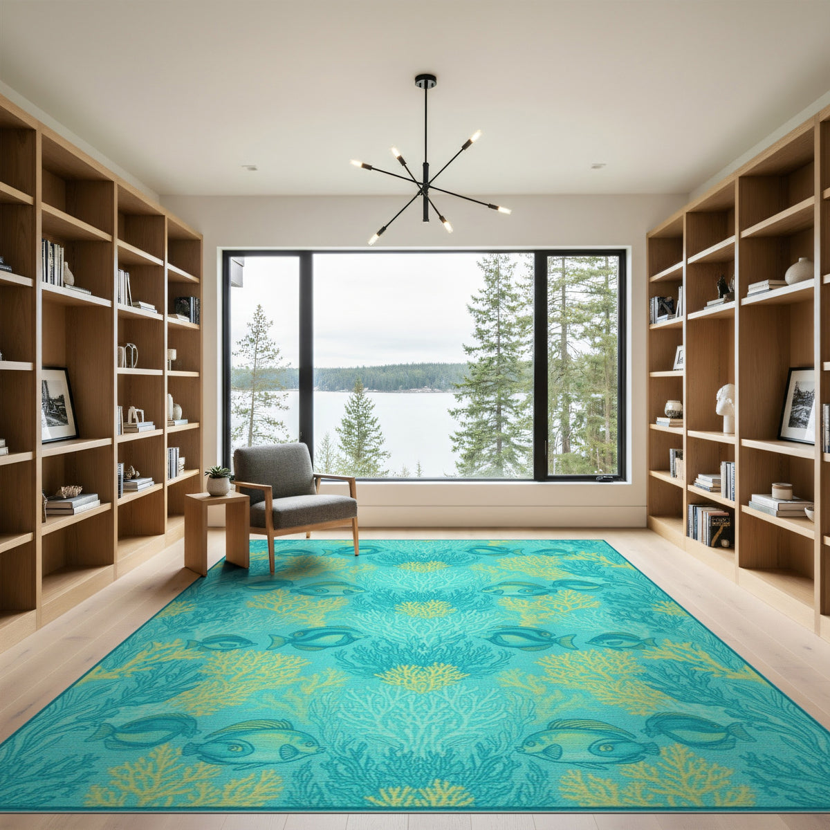 Blue Teal Fish Coral Coastal Beach Area Rug