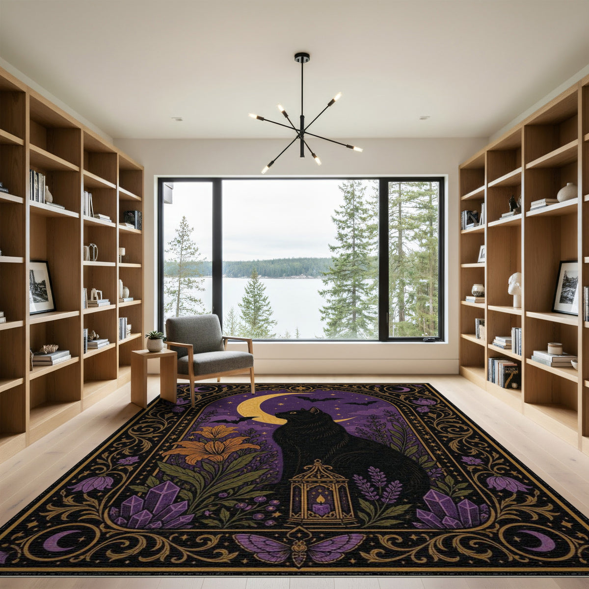 Purple Mystical Black Cat Purple Moon Area Rug