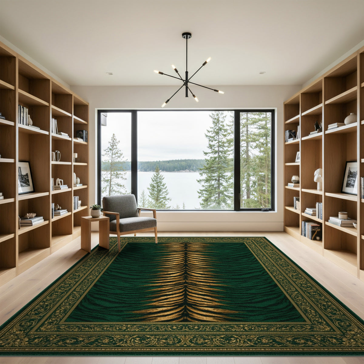 Traditional Persian Green Tiger Stripe Area Rug with Gold Border