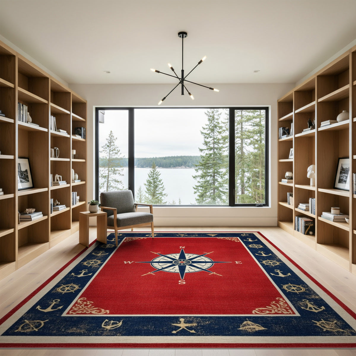 Red Nautical Compass Area Rug with Anchors