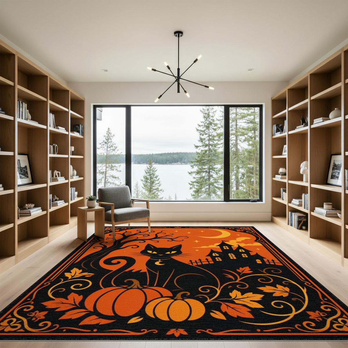 Orange Black Cat Pumpkin Halloween Orange Area Rug