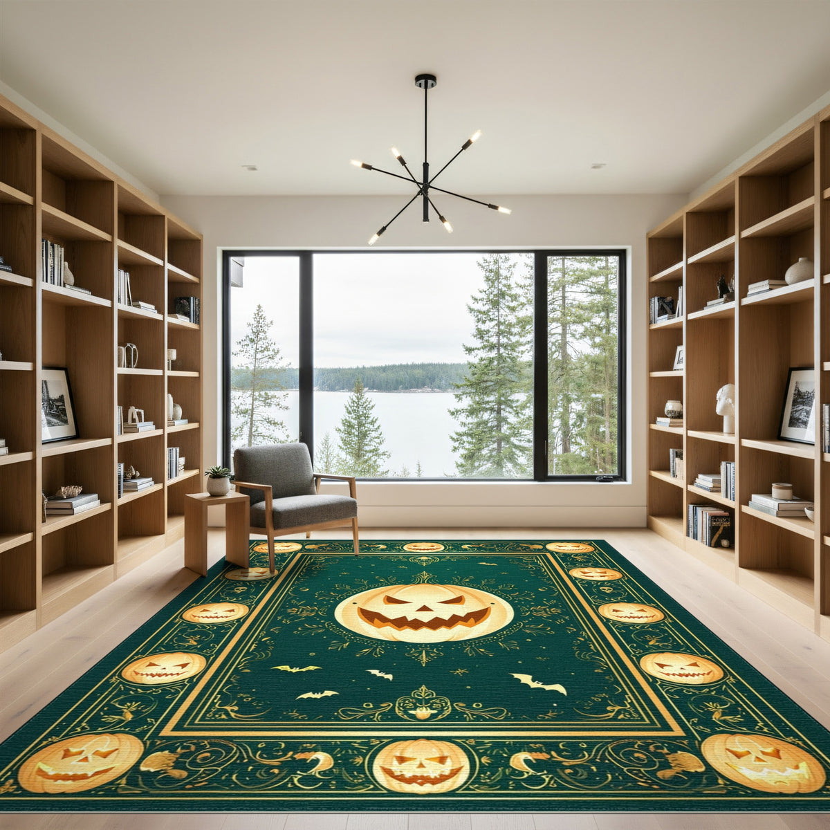 Green Halloween Pumpkin Area Rug with Gold Border