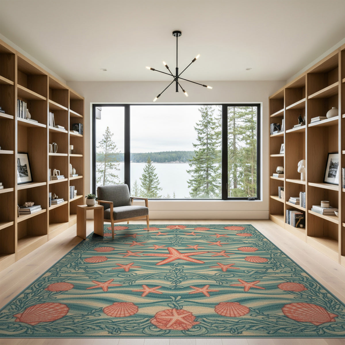 Teal Coastal Starfish and Seashell Area Rug