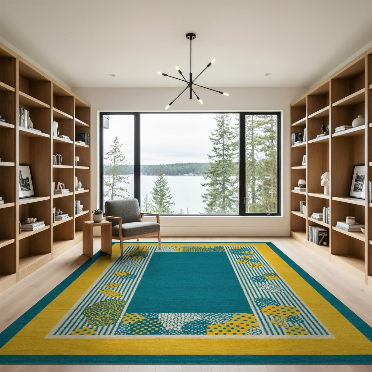 Blue and Teal Geometric Area Rug with Yellow Border
