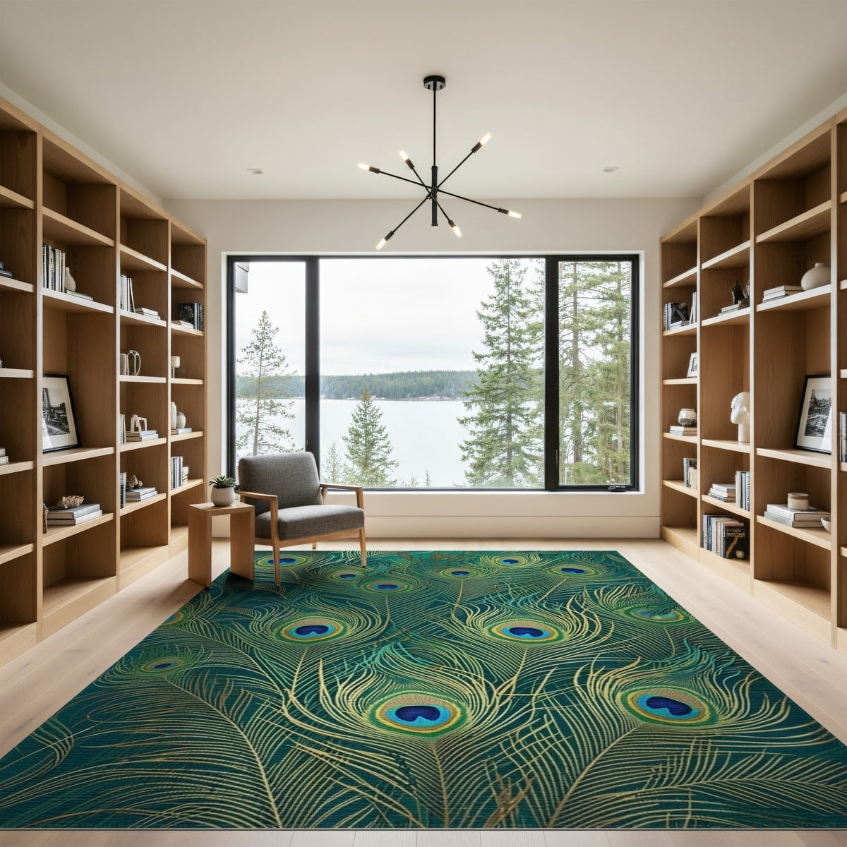 Peacock Feather Blue Teal Boho Area Rug