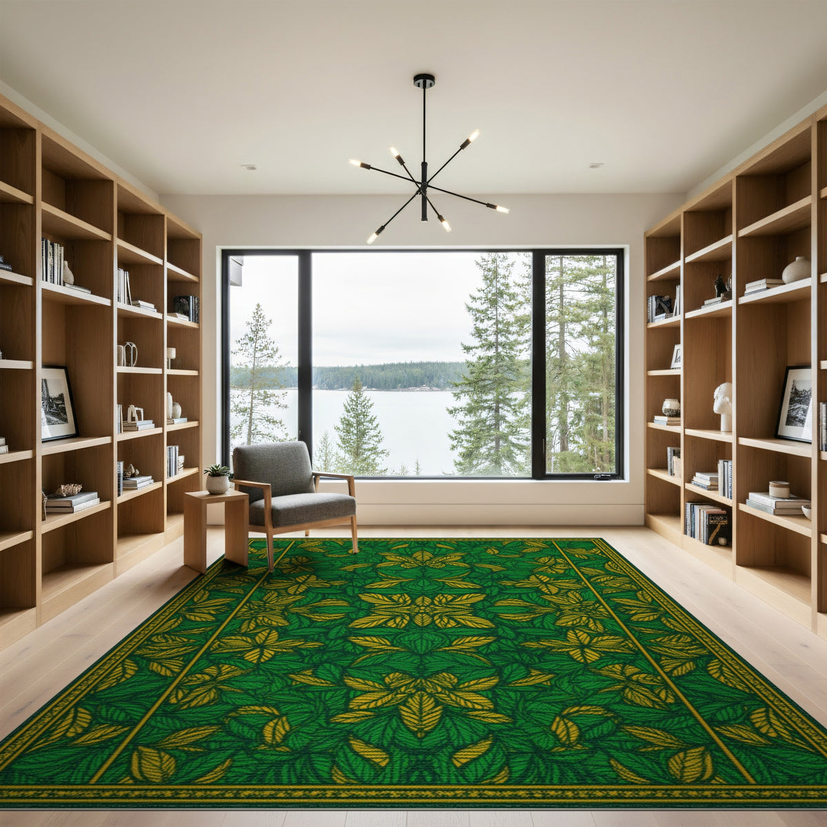 Green Floral Leaf Medallion Area Rug