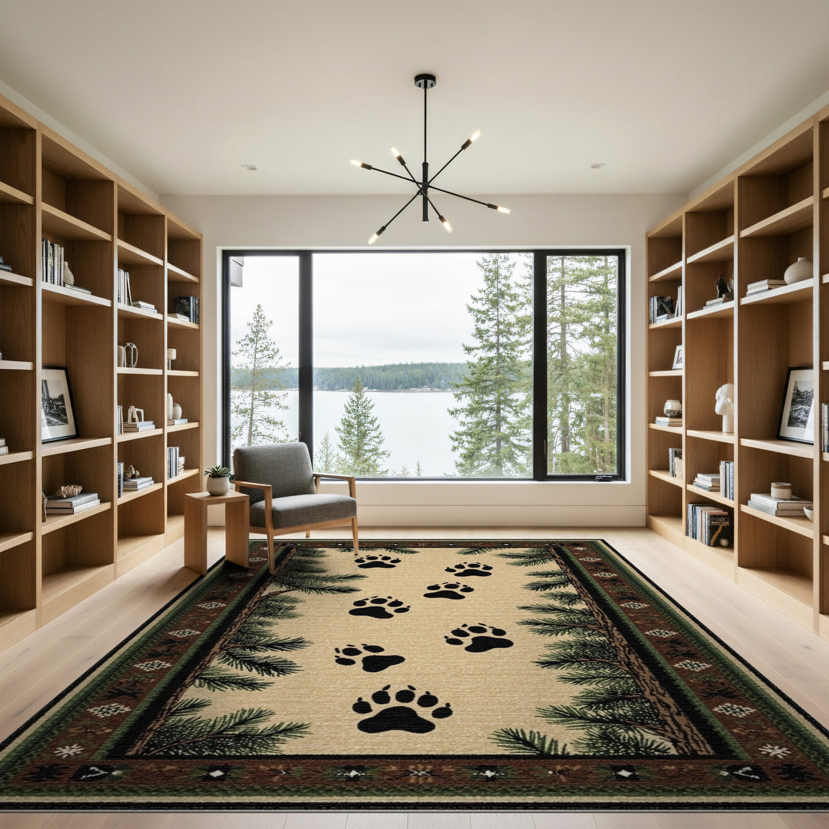 Bear Paw Tracks Pine Border Area Rug