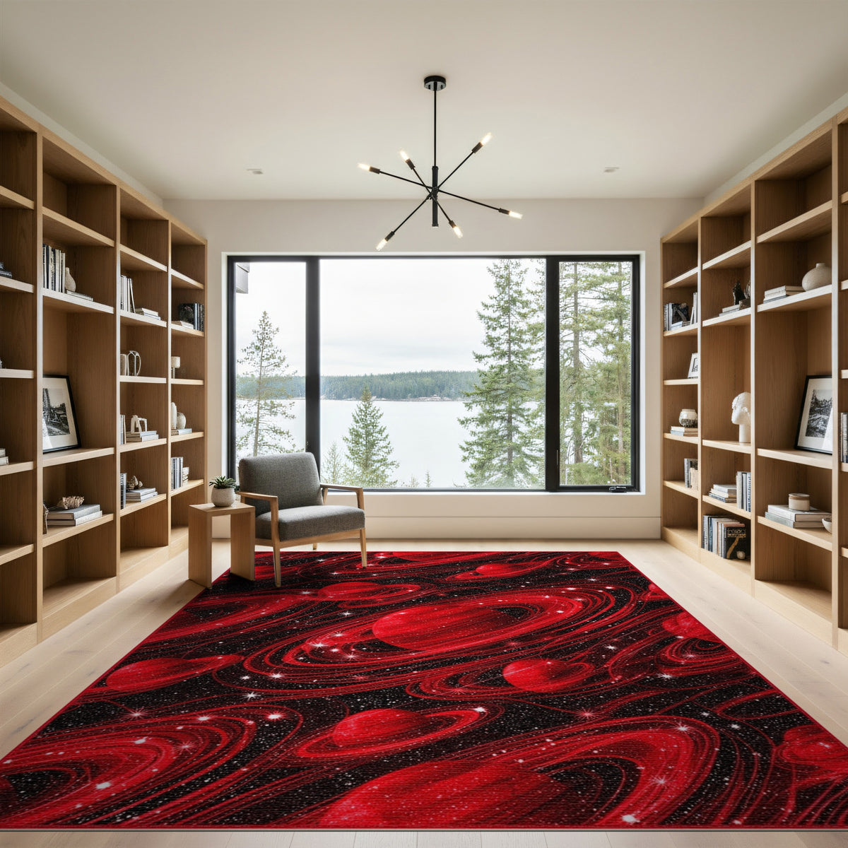 Red Cosmic Planets Washable Area Rug